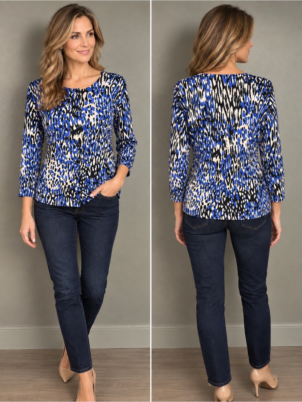 Talbots Blue Black Abstract Animal
Print Cardigan Small